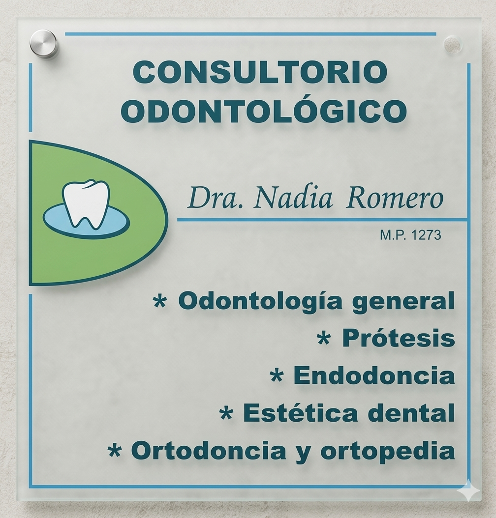 Cartel oficial del Consultorio Odontológico Dra. Nadia Romero, Matrícula Provincial 1273