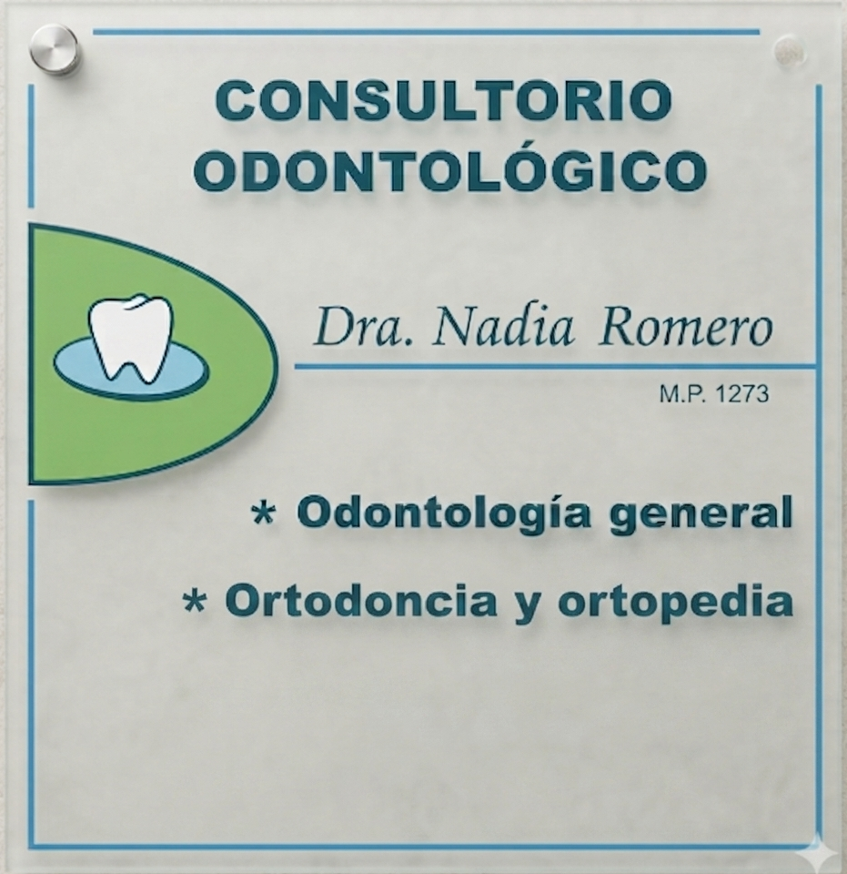 Cartel oficial del Consultorio Odontológico Dra. Nadia Romero, Matrícula Provincial 1273